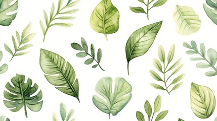 A beautiful collection of green leaves in a watercolor style, perfect for nature-themed designs and backgrounds.