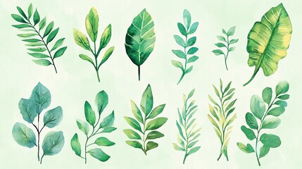 A beautiful collection of various green leaves, showcasing different shapes and textures, perfect for nature-themed designs.