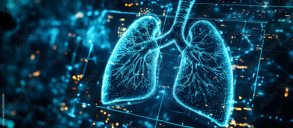 Poster a computer generated image of a lung with a blue background