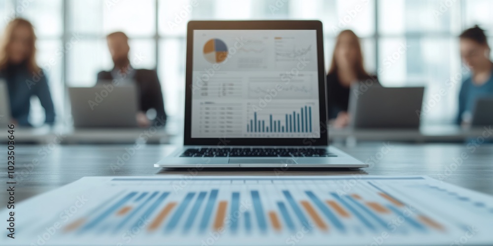 Poster a professional meeting scene showing a laptop with charts and graphs, emphasizing business analysis 