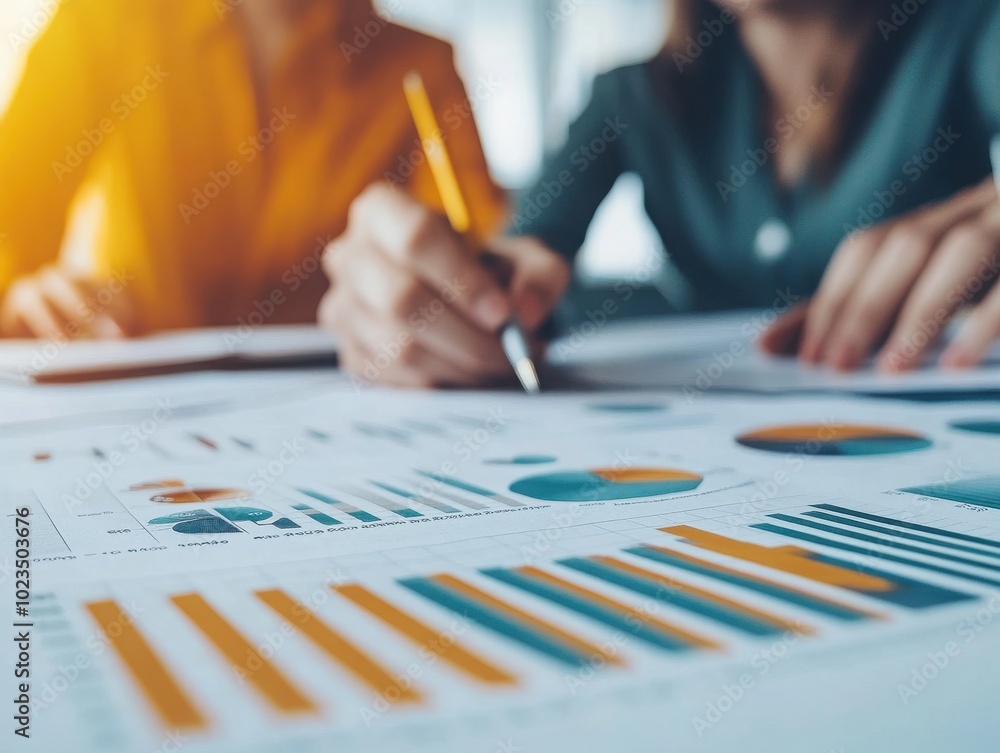 Poster close-up of business professionals analyzing data with graphs and charts for strategic decision-maki