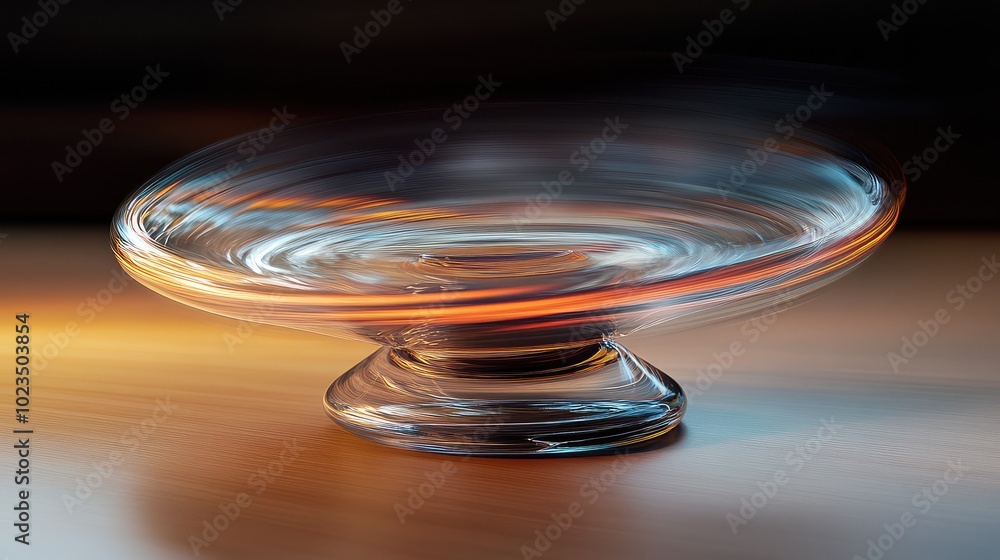 Poster a spinning glass top on a smooth surface, with motion blur adding a sense of fluidity and energy to 