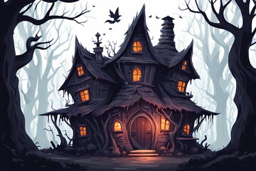 Old witch's house. Strange but dark forest fantasy house, evil building, mysterious and scary witch, tree house, cabin, cartoon vector illustration