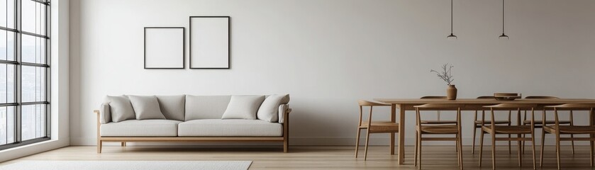 Modern interior of a living room featuring a cozy couch and a minimalist dining area with wooden furniture and natural light.
