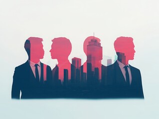 Silhouetted professionals with a city skyline overlay, representing business, leadership, and innovation against a modern backdrop.