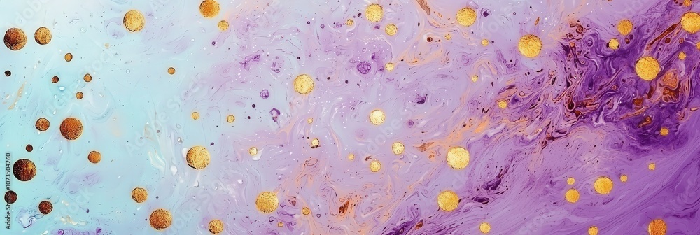 Poster an abstract composition displays a blend of soft purple aqua, with gold dots scattered across the su