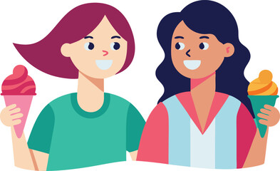 Fototapeta premium A vector illustration of two women enjoying ice cream together, symbolizing friendship, fun, and shared moments.