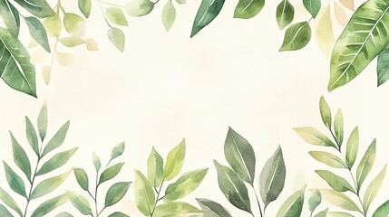 Naklejka premium A soothing watercolor illustration of green leaves arranged in a frame, perfect for nature-themed designs and backgrounds.