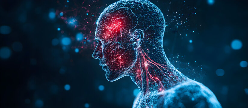 A man's face is shown in a blue and red color scheme