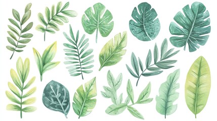 A vibrant collection of green leaves, showcasing various shapes and shades, perfect for nature-themed designs or decorations.
