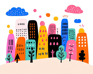Colorful cartoon city skyline with trees and clouds, white isolated background
