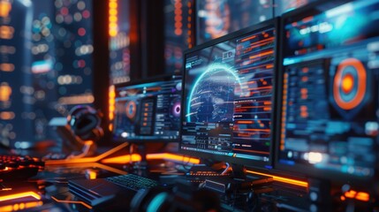 Fototapeta premium Futuristic Workspace with AI Technology Screens