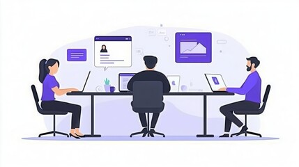 A collaborative workspace with team members using laptops and engaging in digital discussions, focusing on productivity and innovation.
