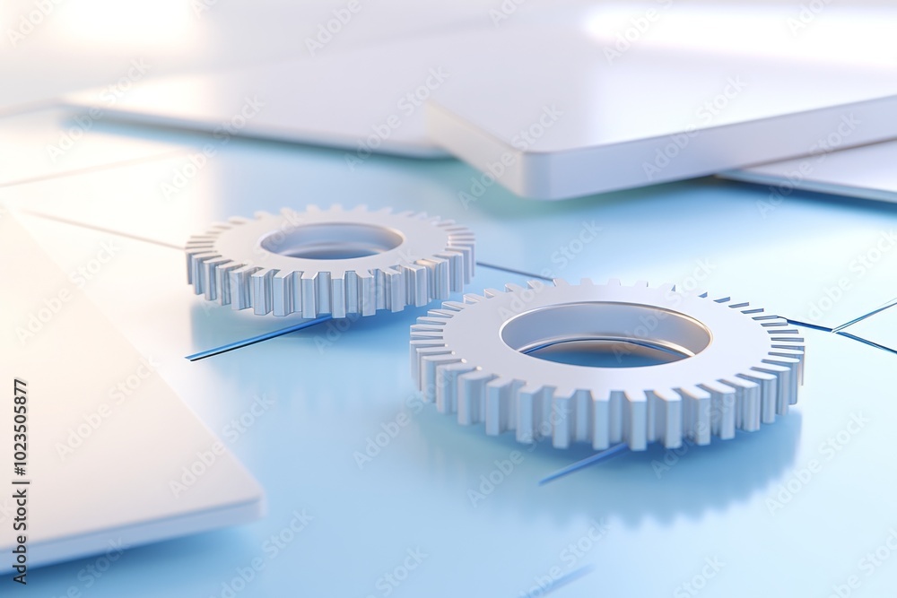 Poster 3d isometric illustration of high-tech computer network with gears and laptops on blue tiles