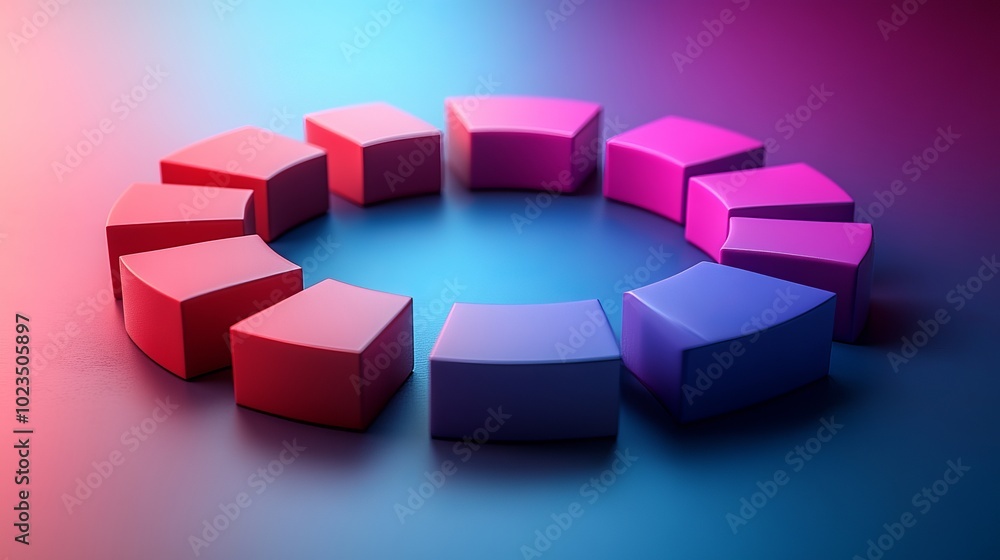 Poster a circular arrangement of colorful, curved blocks on a gradient background.