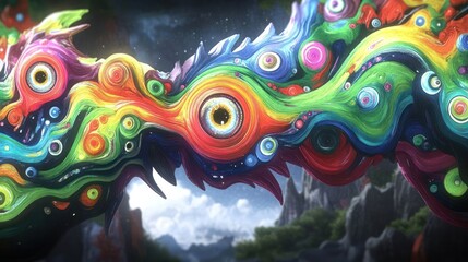Obraz premium A vibrant, abstract dragon-like creature with swirling colors and intricate patterns.