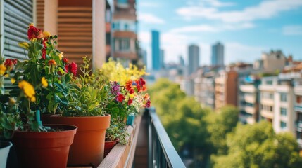 Fototapeta premium Balcony with plants, close-up of vibrant potted plants, city skyline in the background