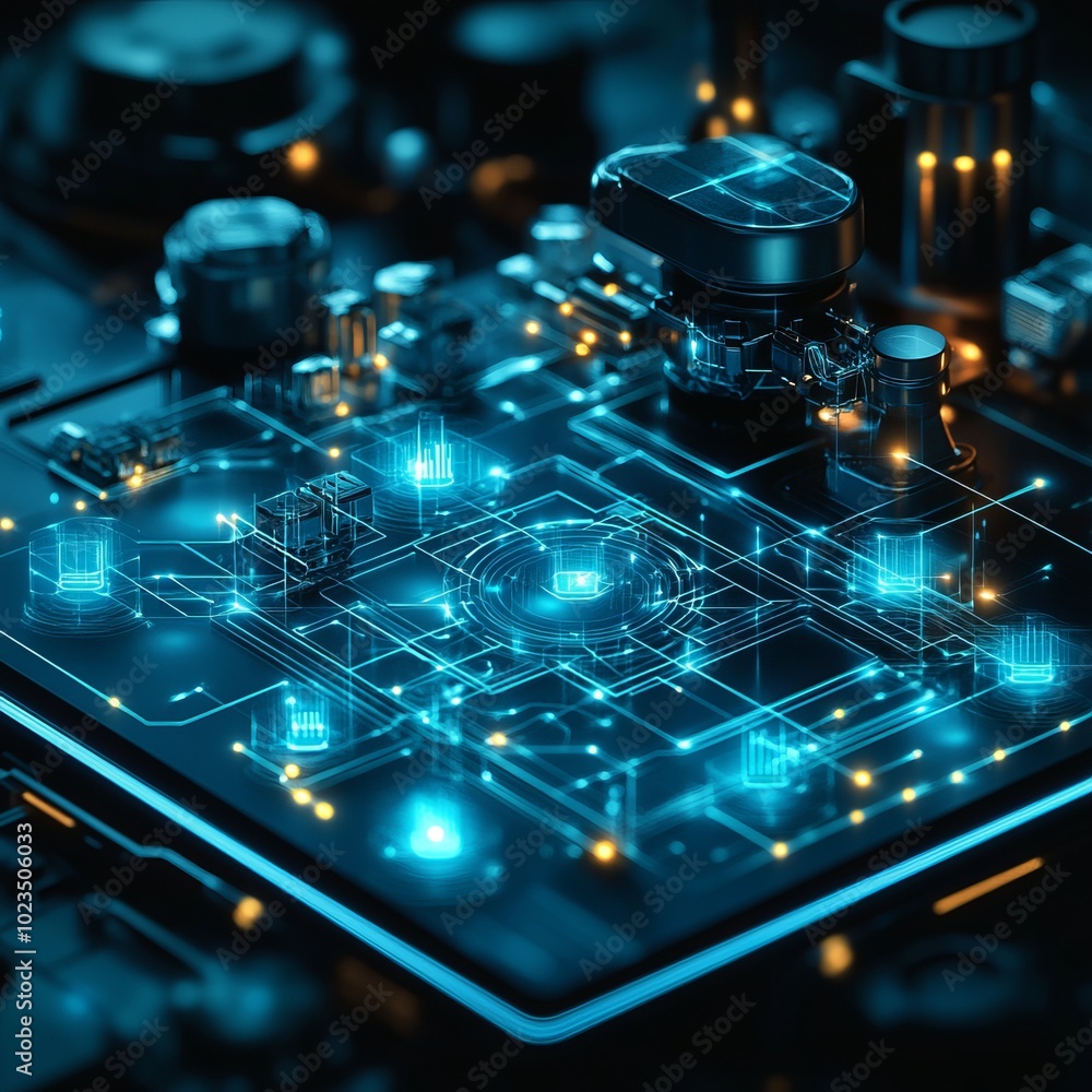 Aufkleber a close-up of a futuristic circuit board with glowing elements and intricate designs.