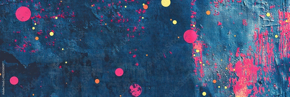 Poster vivid splashes of pink, yellow, and orange paint contrast against a deep blue canvas, creating an ey