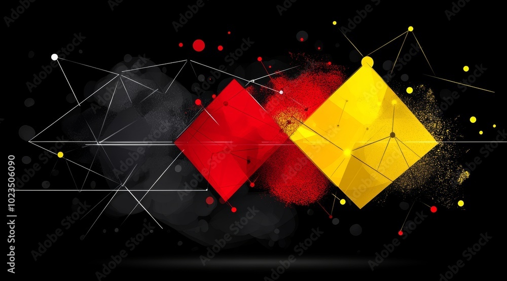 Aufkleber abstract network structure on black background with red and yellow dots and lines