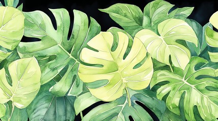Fototapeta premium A vibrant illustration of lush green monstera leaves, perfect for adding a tropical touch to your design projects.