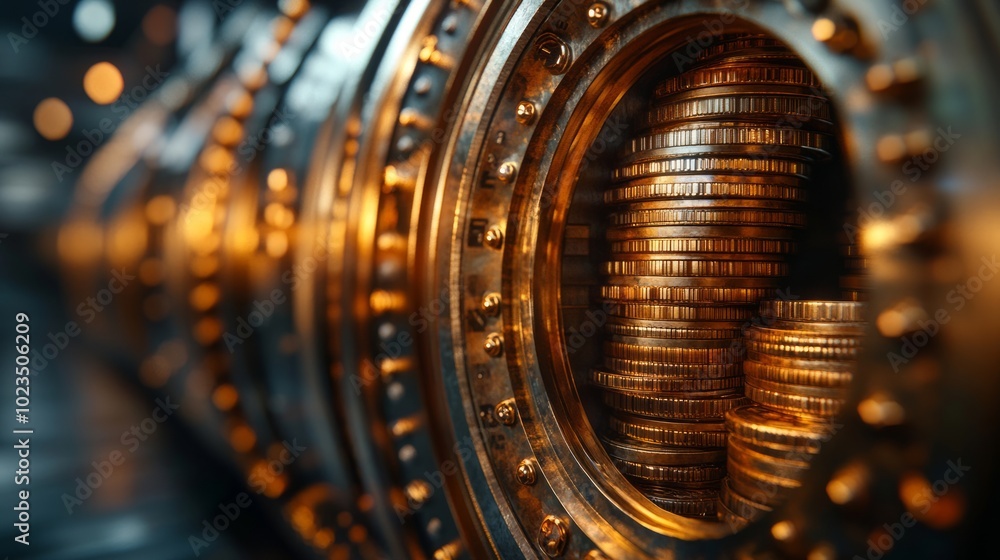 Poster a close-up of stacked coins within a vault, showcasing wealth and security.