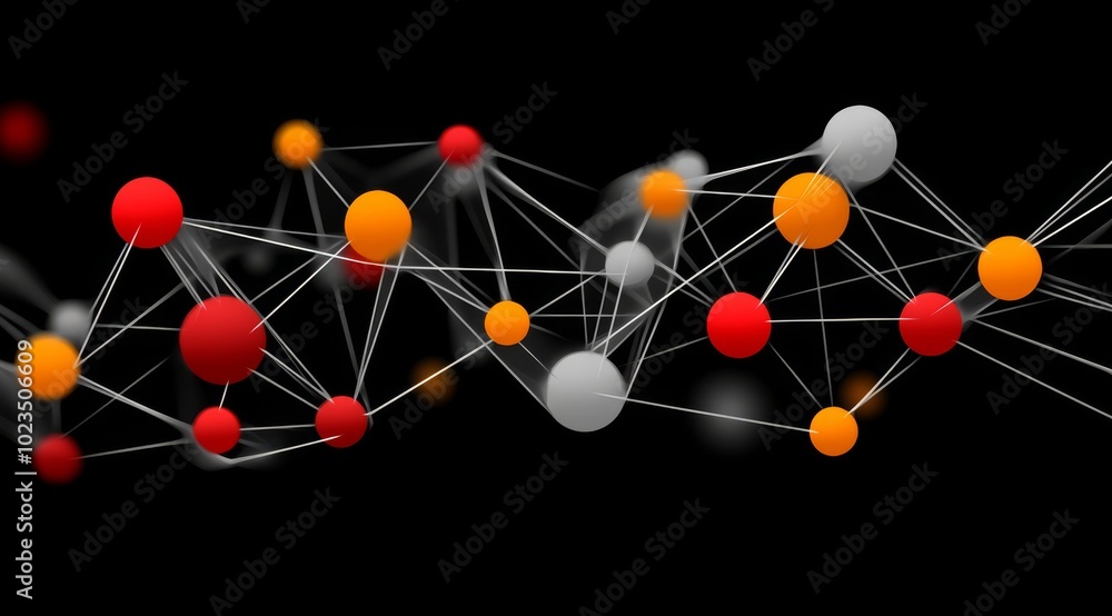Poster network of interconnected nodes on a black background with red and yellow dots