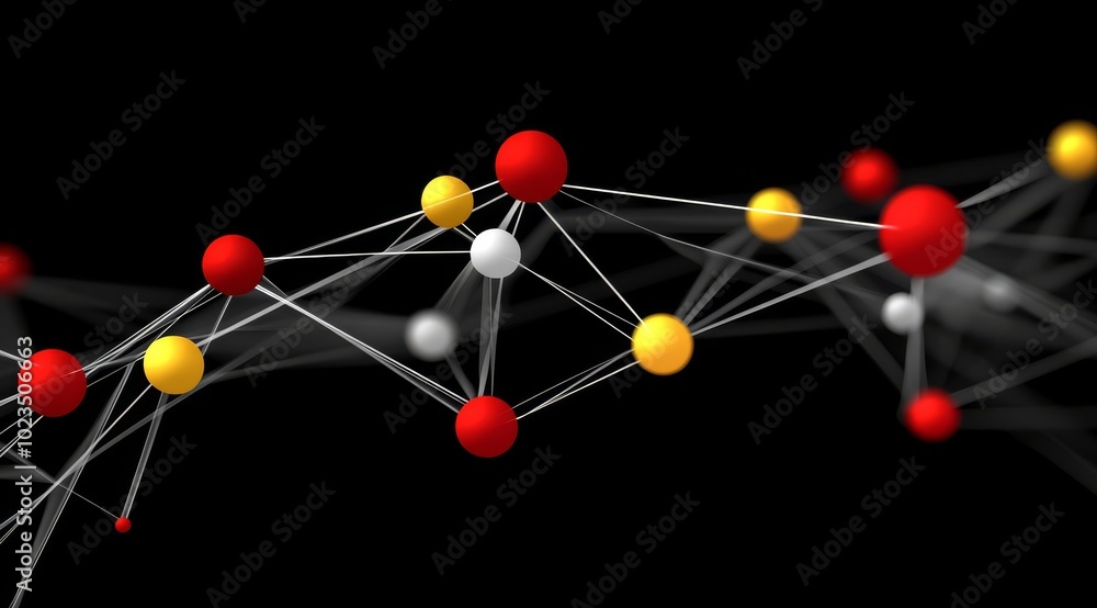 Aufkleber abstract network structure on black background with red and yellow dots and lines