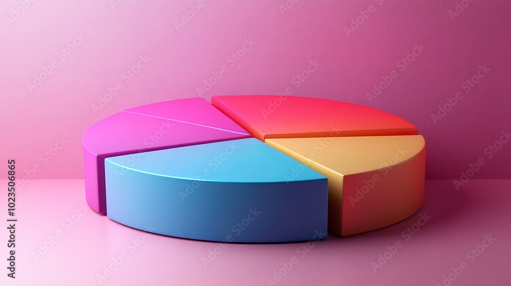 Poster a colorful 3d pie chart on a pink background, illustrating data distribution.