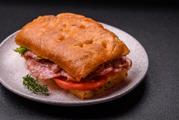 Focaccia with salami, cheese, tomatoes, arugula, salt, spices and herbs