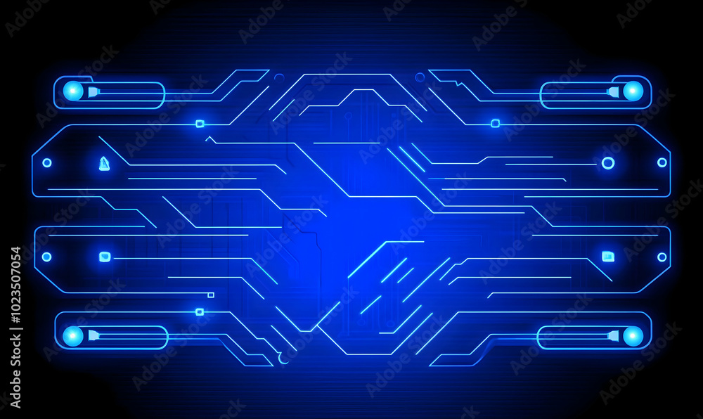 Aufkleber abstract blue glowing circuit board with connected lines and nodes on a dark background.