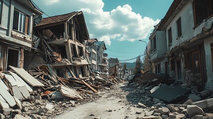 A devastated street after an earthquake, showcasing damaged buildings and debris.