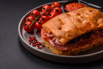 Focaccia with salami, cheese, tomatoes, arugula, salt, spices and herbs