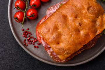 Focaccia with salami, cheese, tomatoes, arugula, salt, spices and herbs