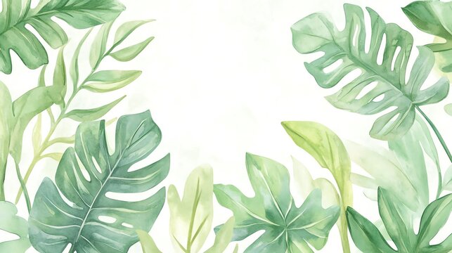 Fototapeta Beautiful watercolor leaves create a serene and natural frame, perfect for backgrounds and botanical themes.