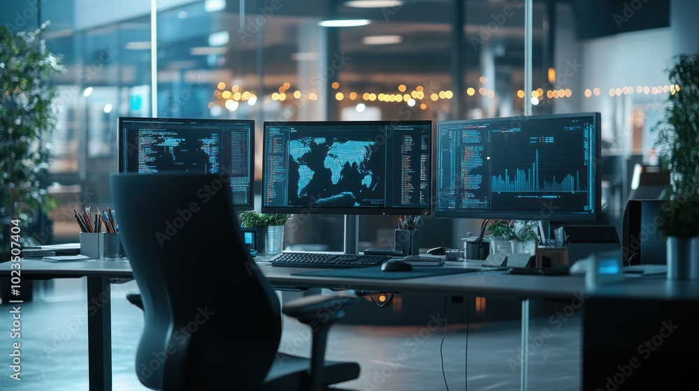 Poster Modern Office Desk with Three Monitors Displaying Data and World Map