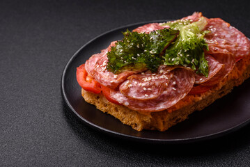Focaccia with salami, cheese, tomatoes, arugula, salt, spices and herbs