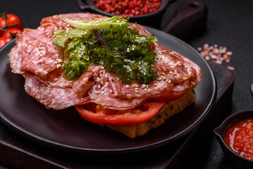 Focaccia with salami, cheese, tomatoes, arugula, salt, spices and herbs