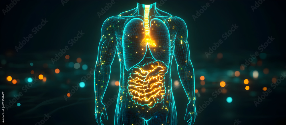 Poster a man's body is shown in a computer generated image with a glowing stomach