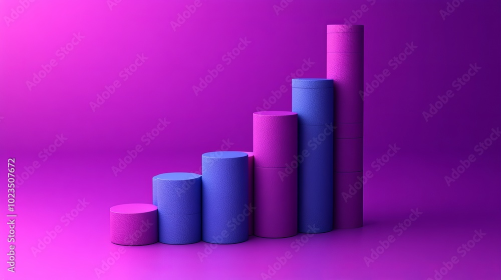 Poster a colorful bar graph made of cylindrical shapes on a vibrant background, representing data.