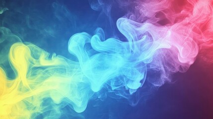 A colorful swirl of smoke in vibrant hues of blue, pink, and yellow against a dark background.
