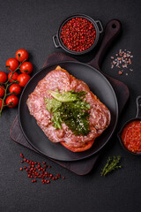 Focaccia with salami, cheese, tomatoes, arugula, salt, spices and herbs