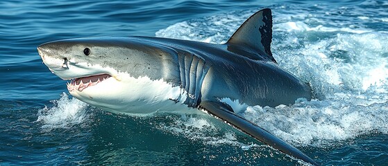 Fototapeta premium Great white shark with its mouth open as it breaches the surface of the water, creating a wave of spray.