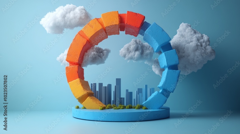 Poster a colorful circular structure with clouds and a cityscape, symbolizing growth and innovation.