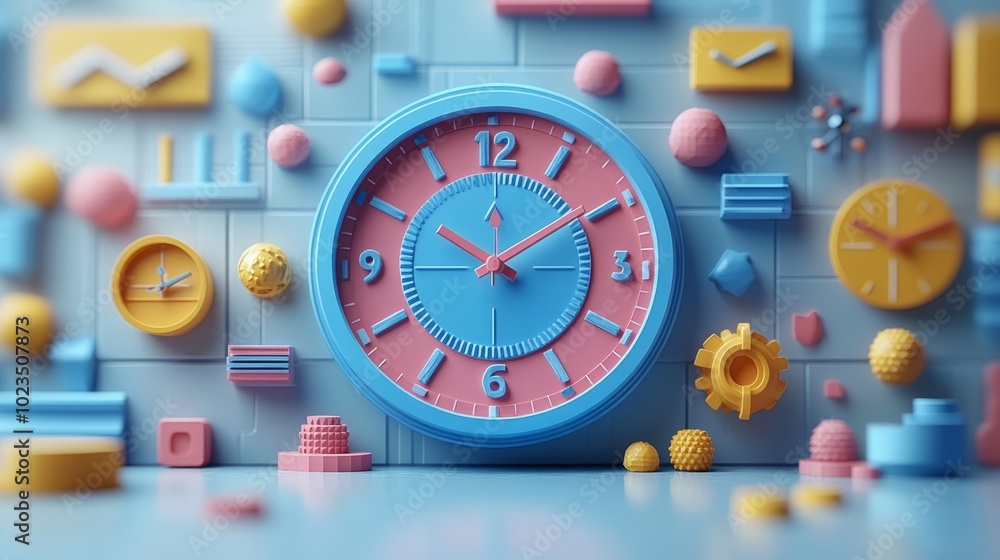 Poster a colorful clock surrounded by geometric shapes and elements, showcasing time and design.