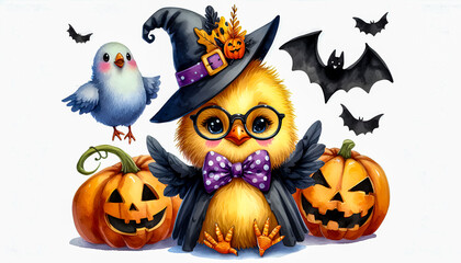 Watercolor Clipart of a funny Halloween baby chicken, isolated on a white background