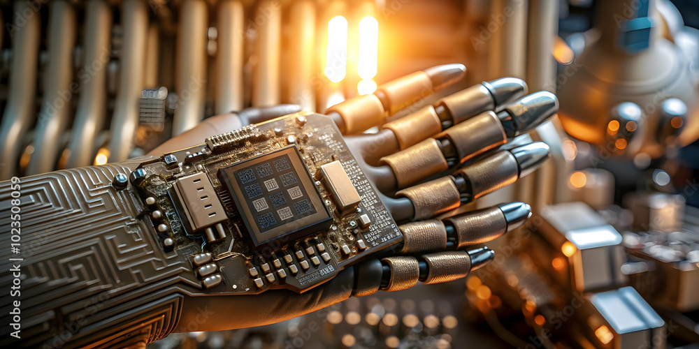 Aufkleber close up of ai chip technology in robotic hand - macro shot highlighting intricate details and conne