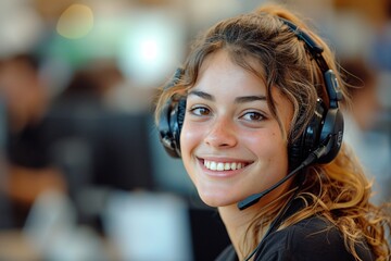 Engaging young woman with headset, radiating positivity in a busy customer service environment, showcasing warmth and professionalism.