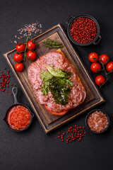 Focaccia with salami, cheese, tomatoes, arugula, salt, spices and herbs