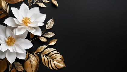 Fototapeta premium Elegant white flowers and golden leaves on black background with copy space